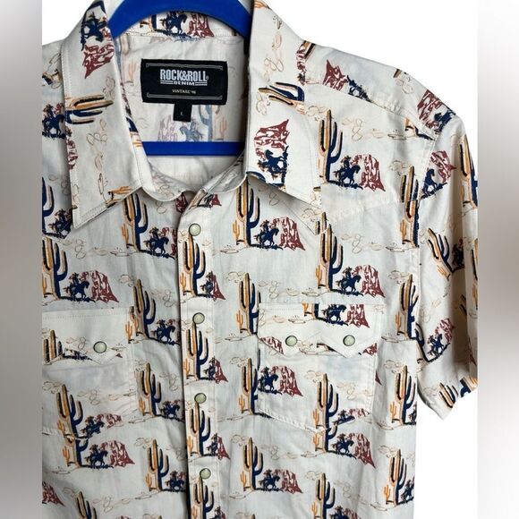 Rock & Roll Denim Panhandle Short Sleeve Button Down Shirt Cream Size Large - Picture 4 of 4